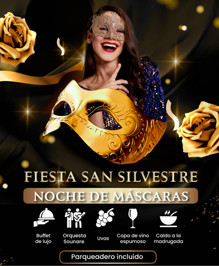 Fiesta de San Silvestre "Noche de Máscaras". 31 de diciembre de 2023, 9 pm, en el Gran Salón de Hotel Spirito by Spiwak (Cali, Colombia).